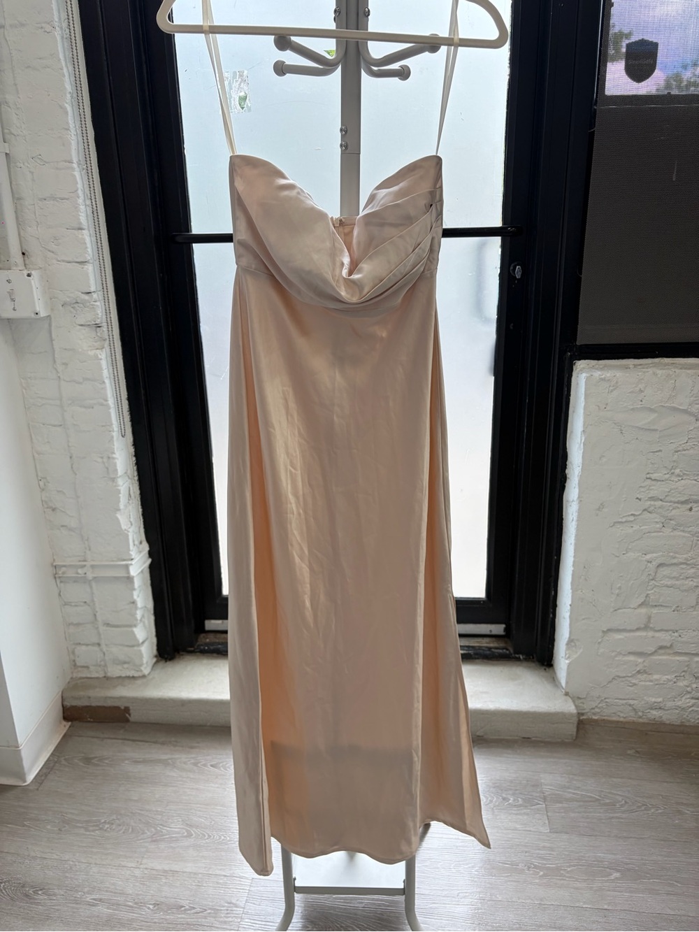 Hello Molly Blush Satin Strapless Cowl Midi Dress
